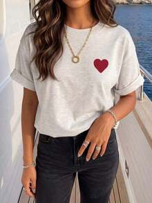 Nuevo Estilo de Verano 2026, Camiseta de Mujer de Cuello Redondo, Manga Corta Casual con Estampado de Corazón, 100% Algodón, Talla Grande, Ideal para Salir, Viajar y Uso Diario en la Calle. - Albaricoque - Ver 7
