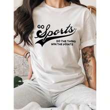 1 pieza de camiseta de manga corta con cuello redondo y estampado "GO SPORTS", camiseta deportiva casual de verano para mujer, 100% algodón. - Blanco - Ver 6