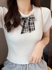 Blusa de mujer Camiseta de punto de manga corta con cuello de muñeca y lazo estilo coreano de verano para mujer, corta, con abdomen al aire, de fibra de hielo elástica - Blanco - Ver 2