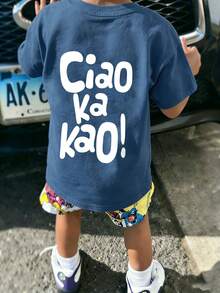 小男孩-Ciao Ka Kao 印花 T 恤，舒適面料，適合戶外、日常、校園穿著，春/夏多功能上衣 - 水鴨藍 - 查看 4