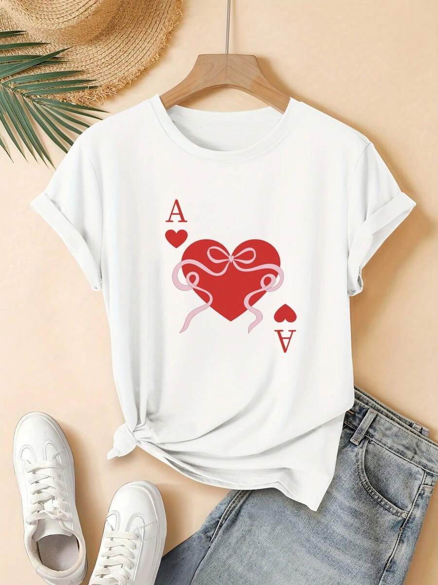 Camiseta de Mujer, Nuevo Estilo, Camiseta de Manga Corta con Estampado de Corazón y Cartas de Póker, Diseño Romántico, Moderna y Hermosa, Top Casual - Blanco - Ver 1
