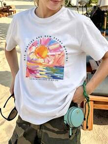 Playera Oversize Mujer "Misericordias Nuevas Cada Mañana" - Blanca con Estampado Cristiano de Atardecer IN0U - Blanco - Ver 6