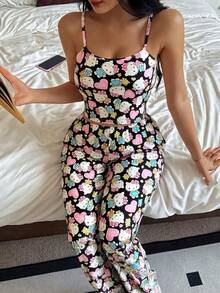 Bộ đồ ngủ nữ Hello Kitty 2 món gồm áo hai dây in họa tiết và quần ống đứng cạp chun dễ thương. - màu đen - Xem 2