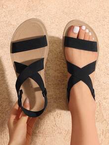Women's Blush Flat Sandals For Women, Open Toe Elastic Cross Ankle Strap Fashion Summer Flat Sandals - Black - View 2