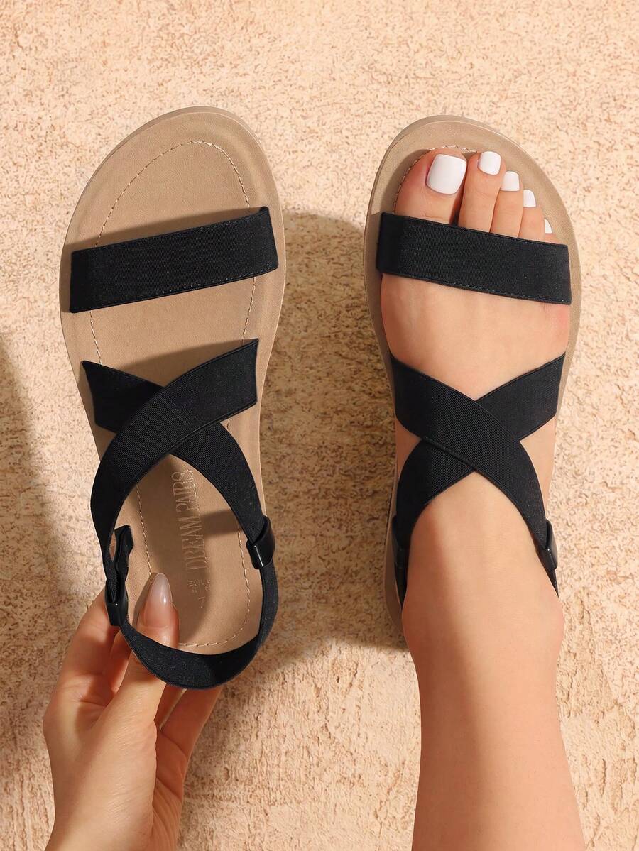 Women's Blush Flat Sandals For Women, Open Toe Elastic Cross Ankle Strap Fashion Summer Flat Sandals - Black - View 1