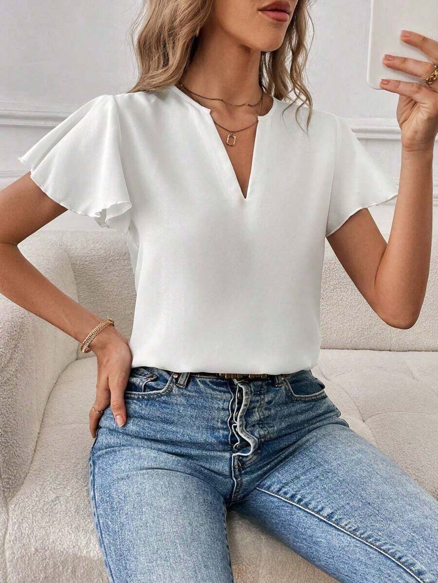 Camisa de mujer de unicolor con escote en V entallado y manga corta, informal y adecuada para el trabajo, blusas de manga corta - Blanco - Ver 1