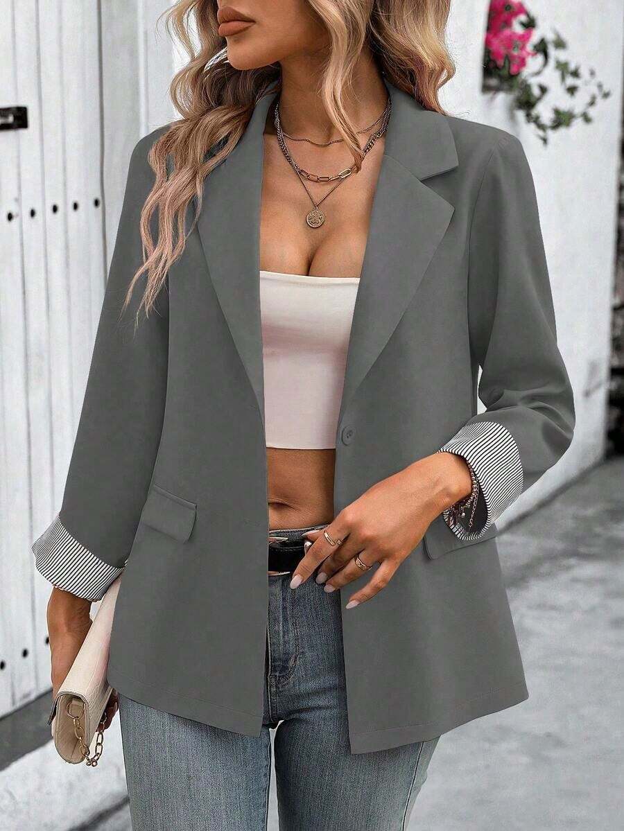 Clasi Chaqueta ligera de estilo casual de negocios para mujer, con cuello de solapa, apta para el lugar de trabajo, de unicolor, para primavera/otoño - Gris Claro - Ver 1