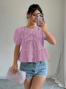 Blusa con volantes y mangas abullonadas con lazo en la parte delantera - Rosa - Ver 1