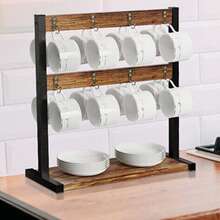 Rustic Wooden Coffee Mug Holder Stand, 2 Tier Countertop Mug Tree Holder Rack - Black - View 4