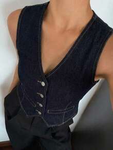 Chaleco vaquero casual con cuello en V para mujer - Azul lavado oscuro - Ver 4
