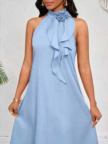 Lady Vestido de longitud media naranja con decoración de volantes florales tridimensionales en el cuello.Elegante y holgado para damas.Ideal para vacaciones de primavera y verano.Estilo bohemio. - Celeste - Ver 1