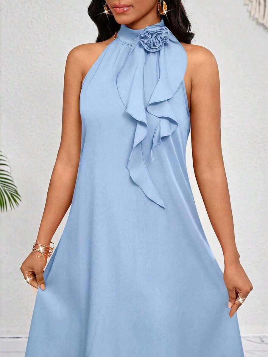 Lady Vestido de longitud media naranja con decoración de volantes florales tridimensionales en el cuello.Elegante y holgado para damas.Ideal para vacaciones de primavera y verano.Estilo bohemio. - Celeste - Ver 1