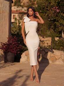 Vestido de cóctel, fiesta, boda y primavera con hombros descubiertos, unicolor, decoración de lazo, espalda con abertura y largo midi - Blanco - Ver 7