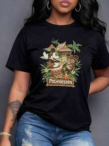 Figura tropical con palmeras volcán y máscaras tiki que transmiten alegría aventurera en un paraíso exótico ideal para el verano camiseta para mujer casual cómoda y moderna,Camiseta de mujer elegante. - Negro - Ver 7