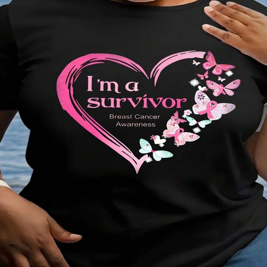 Women's Breast Cancer Awareness T-Shirt, 'I'm a Survivor' Pink Heart & Butterfly Print, Cotton Short Sleeve Round Neck Tee, Casual & Stylish for Everyday Wear - Negro - Ver 1