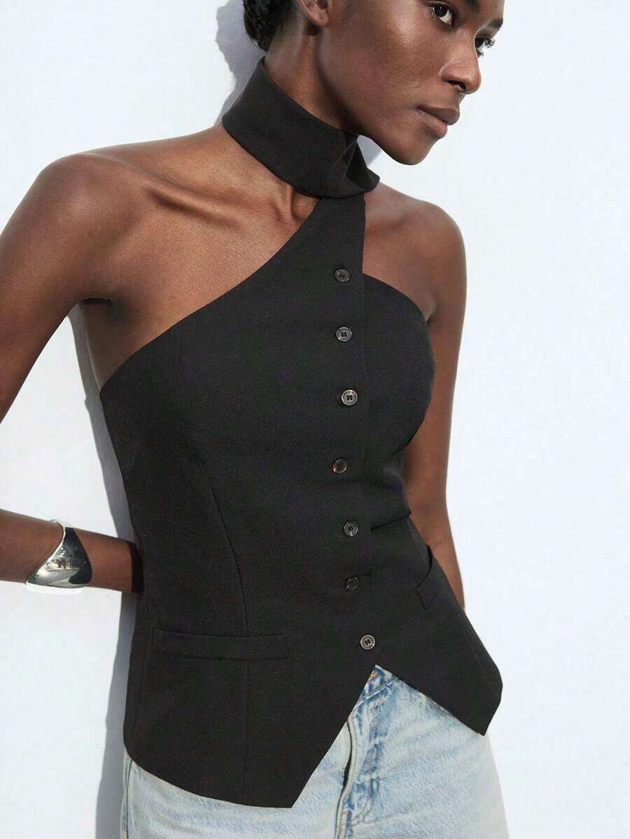 asimétrico de cuello halter con lazo delantero y corte asimétrico, color azul, elegante y chic para fiesta, oficina, viajes, negocios, adecuado para Año Nuevo, graduación, playa, vacaciones, invitado de boda, anfitriona - Negro - Ver 1