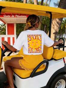 Camiseta de manga corta con cuello redondo y estampado sencillo en talla grande,Playeras de Mujer Verano Estampado Gráfico  2026 - Blanco - Ver 7
