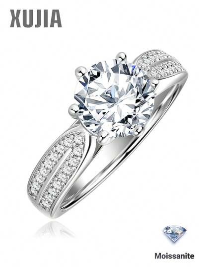 XUJIA 1 chiếc nhẫn đính hôn Moissanite cho nữ, bằng bạc 925, màu D, độ tinh khiết VVS1, hình tròn, cắt tuyệt hảo. Nhẫn kỷ niệm, nhẫn cưới, quà Giáng sinh, trang sức cô dâu.