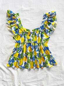 Nueva blusa campesina bohemia de verano con volantes y estampado de limón, para mujeres - Amarillo - Ver 2