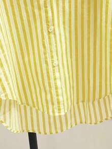 Camisa de manga larga casual con bolsillo en el pecho y estampado de rayas para mujeres, otoño e invierno - Amarillo - Ver 4