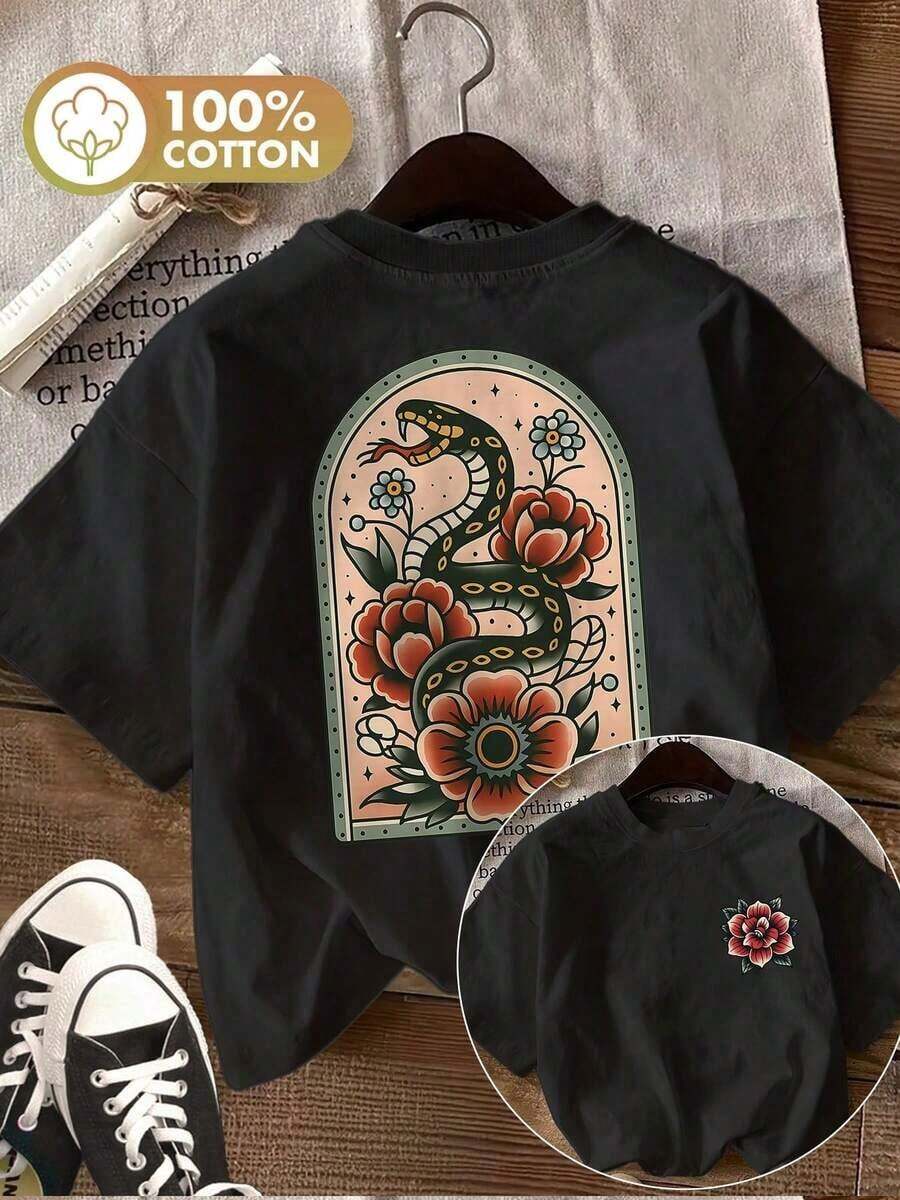 [Double-Sided Print] Playera Vintage Para Mujer Con Estampado De Serpiente Y Flores, Cuello Redondo Y Manga Corta, 100% Algodón [LingK] - Negro - Ver 1