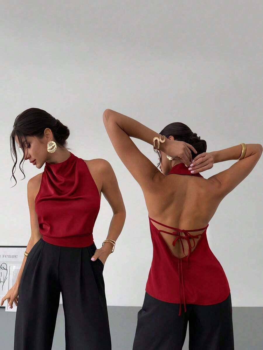 negra ajustada de estilo casual y elegante para la temporada de primavera/verano, con cuello asimétrico, sin mangas, escote halter, espalda descubierta y decoración de lazo - Burdeos 2 - Ver 1