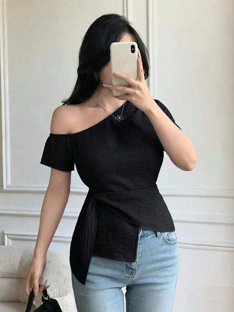 Blusa casual elegante de hombros con nudo, de corte slim para mujeres - Negro - Ver 1