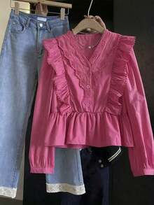 ii Blusa de manga larga con volantes, parches de encaje y unicolor casual blanca para primavera - Rosa Fucsia - Ver 1