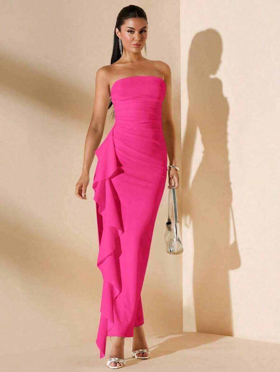 Vestido de dama de honor de boda de verano, vestido largo blanco con pliegues, abertura alta, volantes y tiras para fiesta, sin mangas y sin tirantes, sexy - Rosa Fucsia - Ver 1
