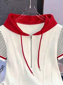 Camiseta con capucha y cremallera asimétrica de manga corta, nueva diseño de top casual para primavera/verano - Multicolor - Ver 3