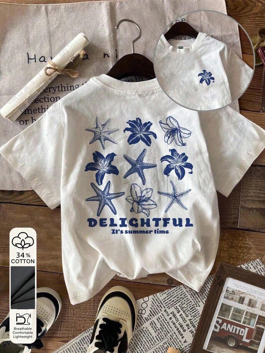 Women's Short-Sleeved Crew Neck Fitted T-Shirt With Vintage Hibiscus Flower Print, Suitable For Summer - Vintage Street Style Unisex Cotton Short Sleeve Crew Neck T-Shirt - 白色的 - 查看 1