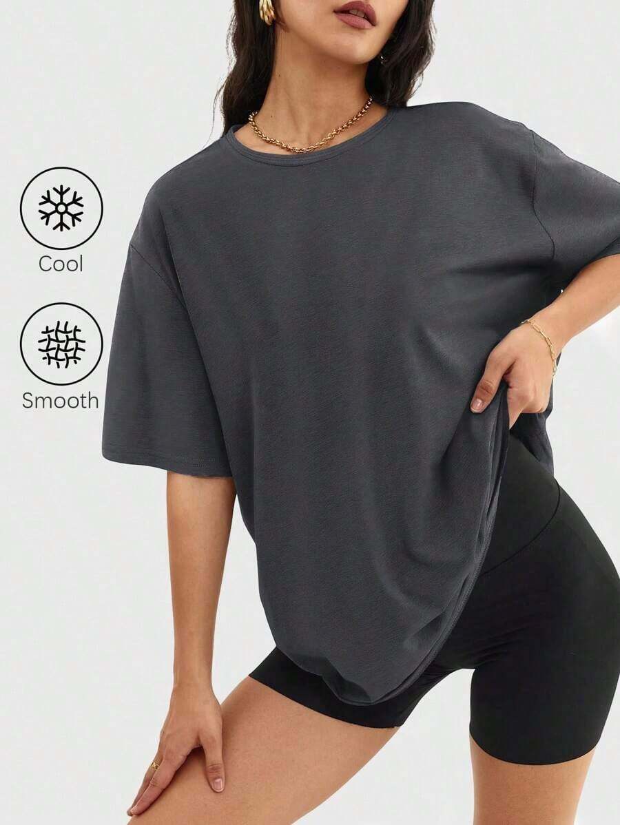 Camiseta holgada para mujer de manga corta y cuello redondo, camisa casual estilo Y2K, básica para deportes de verano - Gris Oscuro - Ver 1