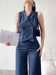 Conjunto de traje azul de doble botonadura para mujer - Azul - Ver 6
