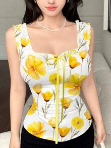Top de tirantes con estampado de corazón y diseño de cintura ajustada, con lazo, moda de verano - Multicolor - Ver 4