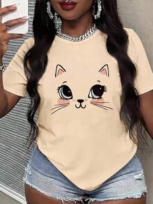 Women's Casual White Regular Sleeve Short Sleeve Polyester Round Neck Regular Length Print-Shirt Blouses For Women T-Shirts For Women Casual Blouses For Ladies - 卡其色 - 查看 3