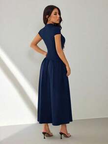 Vestido casual largo plisado de manga abullonada y cuello alto en unicolor para mujer, de verano - Azul marino - Ver 2