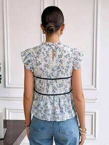 Blusa de mujer con cuello con volantes, mangas cortas y cintura con lazo, con estampado floral ditsy para vacaciones - Multicolor 2 - Ver 8