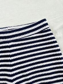 2 piezas Conjunto de top corto a rayas y shorts de cintura alta para mujer, adecuado para vacaciones, citas, té de la tarde, playa, crucero, viaje a la ciudad, festival de música, estilo bohemio de playa - Azul marino - Ver 3