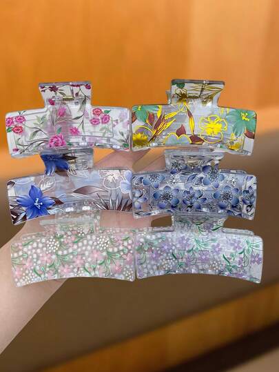 Women's Hair Claw Clip, Sweet And Cute, Fashionable And Simple, Floral Pattern, Square Solid Color Hair Clip, Strong Grip And Not Easy To Fall, Adds Exquisite Elegant To Hairstyle, Essential Item For Daily Styling, Beach Accessories, Women's Hair Accessories, Suitable As A Gift For Her, Hair Clip Claw, Summer Hair Accessories, School Supplies, Beach Supplies, Summer Supplies
