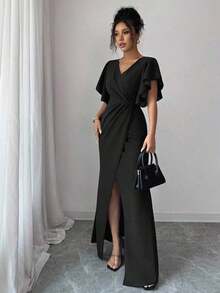 Vestido elegante y romántico para mujer con cuello en V, mangas con volantes, ajuste en la cintura y bajo de cola de sirena - Negro - Ver 4
