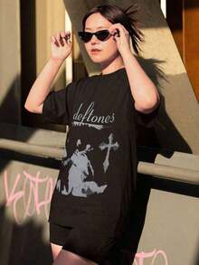 Camiseta clásica con estampado de rock Deftone, camiseta para hombres, estampado de arte retro cruzado, camisa suelta de manga corta - Negro - Ver 3