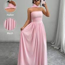 1pc Women Solid Color Halter Dress With Pleated Detail, Elegant Sleeveless Long Dress Maxi Women Outfit - Blanco - Ver 5