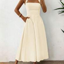 Women's Spring/Summer Sleeveless Zipper Pleated Dress, Casual Elegant Style, Suitable For Beach, Vacation, Date, Music Festival, Valentine's Day, Birthday Party And Other Occasions Black - Naranja - Ver 8