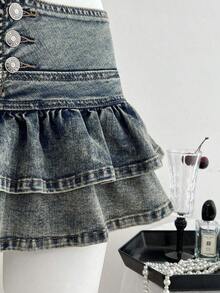 Falda de mezclilla de moda para mujer con diseño de cintura con botones y dobladillo con doble volante - Azul - Ver 3