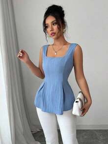 Camisa sin mangas elegante con cuello cuadrado, cintura atada y rayas para el verano 2025 - Azul - Ver 6