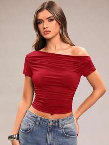 Camiseta corta ajustada con cuello asimétrico y fruncido, de unicolor, informal, para verano - Rojo - Ver 3