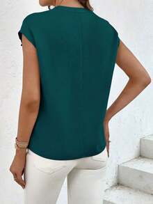 Camisa casual de mujer de manga corta con bolsillo, cuello en V con muesca y unicolor para uso laboral - Agua verde azul - Ver 2
