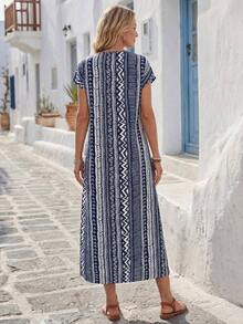 Vestido casual de mujer con estampado floral y manga corta, ideal para vacaciones de verano - Azul marino - Ver 3