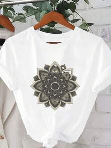Camiseta de mujer de uste cómodo de aodón puro con diseño de patrón de mandala intrincado - Blanco - Ver 2