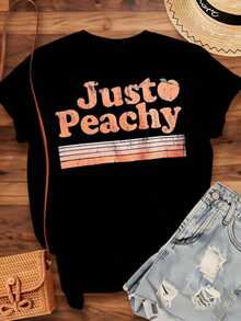 Just Peachy Women's Vintage Graphic T-Shirt, Casual Summer Top, Retro Peach Print T-Shirt, Fashionable Garment For Daily Wear And Festival Season, Suitable For Spring, Summer And Autumn. - 黑色 - 查看 4